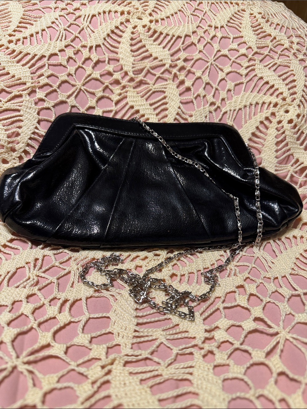 Black Faux Leather Chain-Strap Evening Clutch